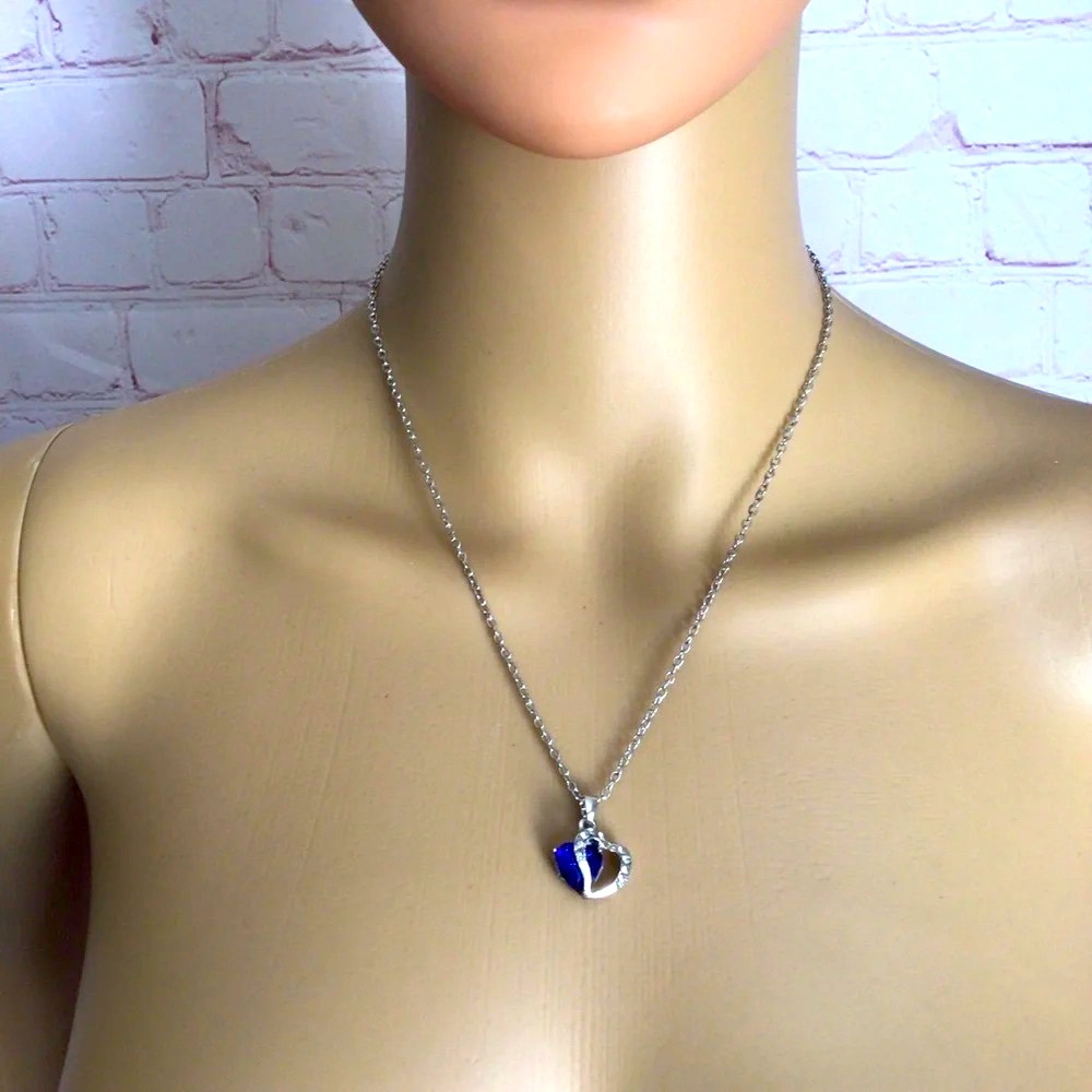 Blue Crystal Heart and Cubic Zirconia Silver Plate Necklace - 18” - Picture 2 of 4